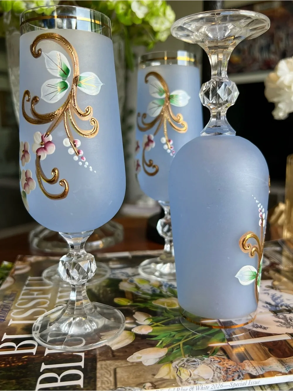 Vtg Czech Crystal Blue Frosted Floral Champagne Glasses - Set of 4
